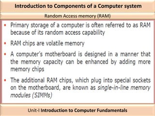 Introduction to Components of a Computer system
Random Access memory (RAM)
Unit-I Introduction to Computer Fundamentals
 
