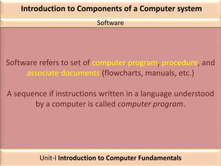 Introduction to Components of a Computer system
Software refers to set of computer program, procedure, and
associate documents (flowcharts, manuals, etc.)
A sequence if instructions written in a language understood
by a computer is called computer program.
Software
Unit-I Introduction to Computer Fundamentals
 