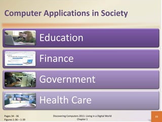Computer Applications in Society

                      Education
                      Finance
                      Government
                      Health Care
Pages 34 - 36           Discovering Computers 2011: Living in a Digital World   33
Figures 1-36 – 1-39                         Chapter 1
 