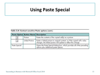 Using	
  Paste	
  Special	
  




Succeeding in Business with Microsoft Office Excel 2010           13
 