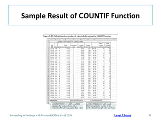 Sample	
  Result	
  of	
  COUNTIF	
  Func/on	
  




Succeeding in Business with Microsoft Office Excel 2010   Level 2 home   33
 