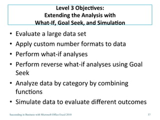 Level	
  3	
  Objec/ves:	
  
                        Extending	
  the	
  Analysis	
  with	
  
                      What-­‐If,	
  Goal	
  Seek,	
  and	
  Simula/on	
  
•  Evaluate	
  a	
  large	
  data	
  set	
  
•  Apply	
  custom	
  number	
  formats	
  to	
  data	
  
•  Perform	
  what-­‐if	
  analyses	
  
•  Perform	
  reverse	
  what-­‐if	
  analyses	
  using	
  Goal	
  
   Seek	
  
•  Analyze	
  data	
  by	
  category	
  by	
  combining	
  
   func3ons	
  
•  Simulate	
  data	
  to	
  evaluate	
  diﬀerent	
  outcomes	
  
Succeeding in Business with Microsoft Office Excel 2010                     37
 