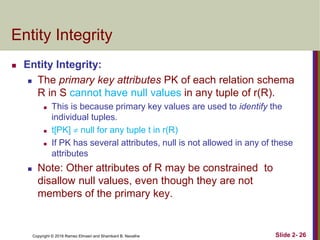 Copyright © 2016 Ramez Elmasri and Shamkant B. Navathe Slide 2- 26
Entity Integrity
 Entity Integrity:
 The primary key attributes PK of each relation schema
R in S cannot have null values in any tuple of r(R).
 This is because primary key values are used to identify the
individual tuples.
 t[PK]  null for any tuple t in r(R)
 If PK has several attributes, null is not allowed in any of these
attributes
 Note: Other attributes of R may be constrained to
disallow null values, even though they are not
members of the primary key.
 