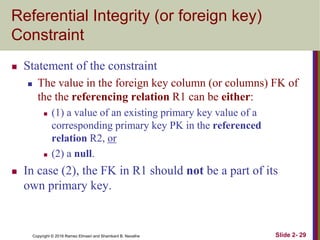 Copyright © 2016 Ramez Elmasri and Shamkant B. Navathe Slide 2- 29
Referential Integrity (or foreign key)
Constraint
 Statement of the constraint
 The value in the foreign key column (or columns) FK of
the the referencing relation R1 can be either:
 (1) a value of an existing primary key value of a
corresponding primary key PK in the referenced
relation R2, or
 (2) a null.
 In case (2), the FK in R1 should not be a part of its
own primary key.
 
