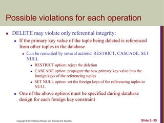 Copyright © 2016 Ramez Elmasri and Shamkant B. Navathe Slide 2- 35
Possible violations for each operation
 DELETE may violate only referential integrity:
 If the primary key value of the tuple being deleted is referenced
from other tuples in the database
 Can be remedied by several actions: RESTRICT, CASCADE, SET
NULL
 RESTRICT option: reject the deletion
 CASCADE option: propagate the new primary key value into the
foreign keys of the referencing tuples
 SET NULL option: set the foreign keys of the referencing tuples to
NULL
 One of the above options must be specified during database
design for each foreign key constraint
 