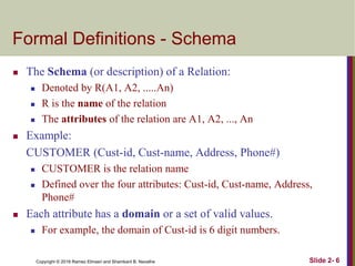 Copyright © 2016 Ramez Elmasri and Shamkant B. Navathe Slide 2- 6
Formal Definitions - Schema
 The Schema (or description) of a Relation:
 Denoted by R(A1, A2, .....An)
 R is the name of the relation
 The attributes of the relation are A1, A2, ..., An
 Example:
CUSTOMER (Cust-id, Cust-name, Address, Phone#)
 CUSTOMER is the relation name
 Defined over the four attributes: Cust-id, Cust-name, Address,
Phone#
 Each attribute has a domain or a set of valid values.
 For example, the domain of Cust-id is 6 digit numbers.
 