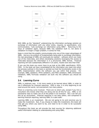 FINANCIAL REPORTING USING XBRL – IFRS AND US GAAP EDITION (2006-03-01)




                       Entity A                            Entity E




                       Entity B                            Entity F


                                          XBRL




                       Entity C                            Entity G




                       Entity D                            Entity H




With XBRL as the "standard" underpinning the information exchange solution an
exchange of information with any other entity, requires no specification, only
communication, "Lets exchange our information using XBRL". Returning to the
issue of validation again, because XBRL has validation built in, not alone is
validation no longer a major problem, it comes for free.
Keep in mind that the graphic communicates only one of the major advantages of
XBRL. And as a by-product of fundamentally being able to exchange information,
the real advantage of XBRL will eventually be realized – software which can make
use of the meta-data, and others developing solutions leveraging this access to
meta-data because the information is in a structured, XBRL format. Financial
reporting will look substantially different in 25 years, maybe even less than that!
If you use this book you never have to go look at the XBRL specification, FRTA,
FRIS. In the book we have consolidated all the information you need into either
the process outlined in this book or pointed out that the functionality exists in the
XBRL implementation within the software you use within that process. For
example, XBRL validation, FRTA validation, and FRIS validation, XBRL Dimensions
validation, XBRL Formulas validation are built into the software you should be
using.

2.4. Learning Curve
XBRL is relatively new. A lot more needs to be learned about XBRL in order to
use it effectively for financial reporting. IFRS is new, it is only beginning to be
used around the world; not everywhere, but many places.
There is a learning curve involved. There are no short cuts, except if you hire a
consultant who knows what they are doing and do all this for you. XBRL is not
necessarily easy to make use of at this phase in its evolution. But I can tell you
this as an accountant: financial reporting is not easy either; and compared to
learning financial reporting, learning XBRL is a cake walk!
Learning XBRL is an investment. We are not going to try and convince you to
make the investment. But, if you choose to make the investment, this book will
help get you where you want to be, and need to be in order to be successful
using XBRL.
Throughout this book we will provide the best sources for obtaining additional
useful information relating to understanding and using XBRL.




© 2006 UBmatrix, Inc                        20
 
