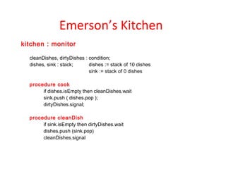 Emerson’s Kitchen
kitchen : monitor

  cleanDishes, dirtyDishes : condition;
  dishes, sink : stack;      dishes := stack of 10 dishes
                             sink := stack of 0 dishes

  procedure cook
       if dishes.isEmpty then cleanDishes.wait
       sink.push ( dishes.pop );
       dirtyDishes.signal;

  procedure cleanDish
       if sink.isEmpty then dirtyDishes.wait
       dishes.push (sink.pop)
       cleanDishes.signal
 