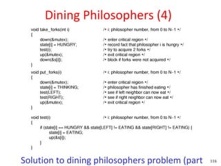 Dining Philosophers (4)




Solution to dining philosophers problem (part   116
 