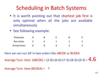 Scheduling in Batch Systems
   • It is worth pointing out that shortest job first is
     only optimal when all the jobs are available
     simultaneously
   • See following example:
      Processes      A      B       C         D         E
      Run times      2      4       1         1         1
     Arrival times   0      0       3         3         3


Here we can run SJF in two orders like ABCDE or BCDEA

Average Turn. time (ABCDE) = (2-0)+(6-0)+(7-3)+(8-3)+(9-3) =   4.6
Average Turn. time (BCDEA) = ?
                                                                 132
 