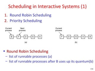 Scheduling in Interactive Systems (1)
1. Round Robin Scheduling
2. Priority Scheduling




• Round Robin Scheduling
 – list of runnable processes (a)
 – list of runnable processes after B uses up its quantum(b)
                                                          134
 