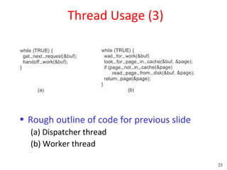 Thread Usage (3)




• Rough outline of code for previous slide
  (a) Dispatcher thread
  (b) Worker thread

                                             23
 