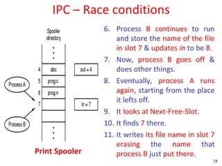 IPC – Race conditions
                6. Process B continues to run
                    and store the name of the file
                    in slot 7 & updates in to be 8.
                7. Now, process B goes off &
                    does other things.
                8. Eventually, process A runs
                    again, starting from the place
                    it lefts off.
                9. It looks at Next-Free-Slot.
                10. It finds 7 there.
                11. It writes its file name in slot 7
                    erasing the name that
Print Spooler       process B just put there.
                                                    38
 