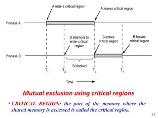 Mutual exclusion using critical regions
• CRITICAL REGION: the part of the memory where the
  shared memory is accessed is called the critical region.
                                                             43
 