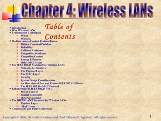 Copyright © 2006, Dr. Carlos Cordeiro and Prof. Dharma P. Agrawal, All rights reserved. 1
 Introduction
 Why Wireless LANs
 Transmission Techniques
 Wired
 Wireless
 Medium Access Control Protocol Issues
 Hidden Terminal Problem
 Reliability
 Collision Avoidance
 Congestion Avoidance
 Congestion Control
 Energy Efficiency
 Other MAC Issues
 The IEEE 802.11 Standard for Wireless LANs
 Network Architecture
 The Physical Layer
 The MAC Layer
 Security
 System Design Considerations
 An Overview of Past and Present IEEE 802.11 Efforts
 The IEEE 802.11e MAC Protocol
 Enhancement to IEEE 802.11 MAC
 Power Control
 Spatial Reusability
 QoS Provisioning
 The HIPERLAN/2 Standard for Wireless LANs
 Physical Layer
 MAC Layer
 Conclusions and Future Directions
Table of
Contents
 