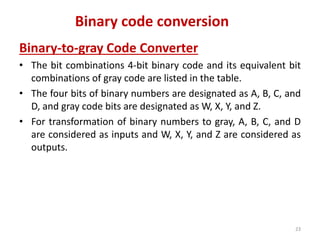 Binary-to-gray Code Converter
• The bit combinations 4-bit binary code and its equivalent bit
combinations of gray code are listed in the table.
• The four bits of binary numbers are designated as A, B, C, and
D, and gray code bits are designated as W, X, Y, and Z.
• For transformation of binary numbers to gray, A, B, C, and D
are considered as inputs and W, X, Y, and Z are considered as
outputs.
23
Binary code conversion
 