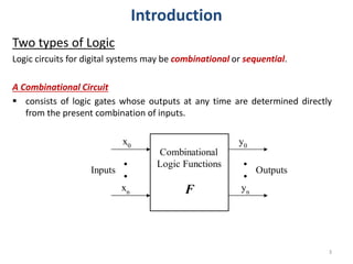 Introduction
Two types of Logic
Logic circuits for digital systems may be combinational or sequential.
A Combinational Circuit
 consists of logic gates whose outputs at any time are determined directly
from the present combination of inputs.
x0
xn
y0
yn
Inputs Outputs
.
.
.
.
Combinational
Logic Functions
F
3
 