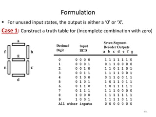 Formulation
 For unused input states, the output is either a ‘0’ or ‘X’.
Case 1: Construct a truth table for (Incomplete combination with zero)
49
 