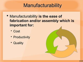 4-22
Manufacturability
Manufacturability
 Manufacturability is the ease of
fabrication and/or assembly which is
important for:
 Cost
 Productivity
 Quality
 
