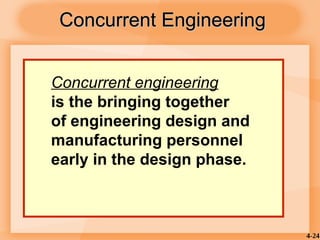 4-24
Concurrent Engineering
Concurrent Engineering
Concurrent engineering
is the bringing together
of engineering design and
manufacturing personnel
early in the design phase.
 