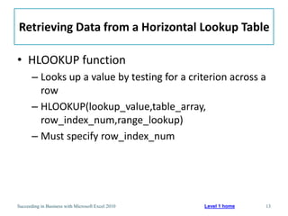 Retrieving Data from a Horizontal Lookup Table

• HLOOKUP function
       – Looks up a value by testing for a criterion across a
         row
       – HLOOKUP(lookup_value,table_array,
         row_index_num,range_lookup)
       – Must specify row_index_num




Succeeding in Business with Microsoft Excel 2010   Level 1 home   13
 