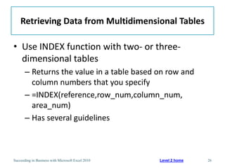 Retrieving Data from Multidimensional Tables

• Use INDEX function with two- or three-
  dimensional tables
       – Returns the value in a table based on row and
         column numbers that you specify
       – =INDEX(reference,row_num,column_num,
         area_num)
       – Has several guidelines



Succeeding in Business with Microsoft Excel 2010   Level 2 home   26
 
