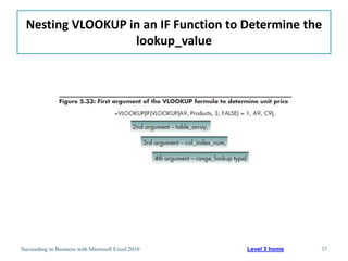 Nesting VLOOKUP in an IF Function to Determine the
                   lookup_value




Succeeding in Business with Microsoft Excel 2010   Level 3 home   37
 