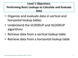 Level 1 Objectives:
   Performing Basic Lookups to Calculate and Evaluate
                          Data
• Organize and evaluate data in vertical and
  horizontal lookup tables
• Understand the VLOOKUP and HLOOKUP
  algorithms
• Retrieve data from a vertical lookup table
• Retrieve data from a horizontal lookup table



Succeeding in Business with Microsoft Excel 2010        4
 