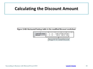Calculating the Discount Amount




Succeeding in Business with Microsoft Excel 2010   Level 3 home   44
 