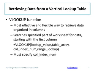 Retrieving Data from a Vertical Lookup Table

• VLOOKUP function
       – Most effective and flexible way to retrieve data
         organized in columns
       – Searches specified part of worksheet for data,
         starting with the first column
       – =VLOOKUP(lookup_value,table_array,
         col_index_num,range_lookup)
       – Must specify col_index_num


Succeeding in Business with Microsoft Excel 2010   Level 1 home   7
 