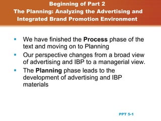 Beginning of Part 2
The Planning: Analyzing the Advertising and
 Integrated Brand Promotion Environment


   We have finished the Process phase of the
    text and moving on to Planning
   Our perspective changes from a broad view
    of advertising and IBP to a managerial view.
   The Planning phase leads to the
    development of advertising and IBP
    materials



                                                   1
                                      PPT 5-1
 