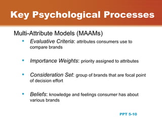 Key Psychological Processes
Multi-Attribute Models (MAAMs)
     Evaluative Criteria: attributes consumers use to
      compare brands


     Importance Weights: priority assigned to attributes

     Consideration Set: group of brands that are focal point
      of decision effort


     Beliefs: knowledge and feelings consumer has about
      various brands

                                                                10
                                                PPT 5-10
 