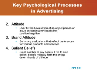 Key Psychological Processes
           in Advertising


2. Attitude
        Over Overall evaluation of an object person or
         issue on continuum=like/dislike;
         positive/negative
3. Brand Attitude
        Summary evaluations that reflect preferences
         for various products and services
4. Salient Beliefs
        Small number of key beliefs. Five to nine
         salient beliefs typically form the critical
         determinants of attitude


                                                                 9
                                                       PPT 5-9
 