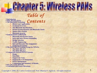 Copyright © 2006, Dr. Carlos Cordeiro and Prof. Dharma P. Agrawal, All rights reserved. 1
 Introduction
 Why Wireless PANs
 The Bluetooth Technology
 History and Applications
 Technical Overview
 The Bluetooth Specifications
 Piconet Synchronization and Bluetooth Clocks
 Master-Slave Switch
 Bluetooth Security
 Enhancements to Bluetooth
 Bluetooth Interference Issues
 Intra and Inter Piconet Scheduling
 Bridge Selection
 Traffic Engineering
 QoS and Dynamic Slot Assignment
 Scatternet Formation
 The IEEE 802.15 Working Group for WPANs
 The IEEE 802.15.3
 The IEEE 802.15.4
 Comparison between WPAN Systems
 Range
 Data Rate
 Support for Voice
 Support for LAN Integration
 Power Management
 Comparison and Summary of Results
 WLANs versus WPANs
 Conclusion and Future Directions
Table of
Contents
 