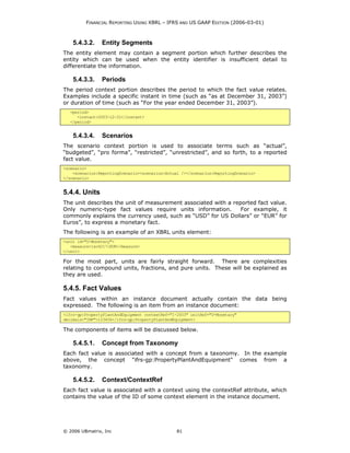 FINANCIAL REPORTING USING XBRL – IFRS AND US GAAP EDITION (2006-03-01)



    5.4.3.2.    Entity Segments
The entity element may contain a segment portion which further describes the
entity which can be used when the entity identifier is insufficient detail to
differentiate the information.

    5.4.3.3.    Periods
The period context portion describes the period to which the fact value relates.
Examples include a specific instant in time (such as “as at December 31, 2003”)
or duration of time (such as “For the year ended December 31, 2003”).
   <period>
      <instant>2003-12-31</instant>
   </period>


    5.4.3.4.    Scenarios
The scenario context portion is used to associate terms such as “actual”,
“budgeted”, “pro forma”, “restricted”, “unrestricted”, and so forth, to a reported
fact value.
<scenario>
    <scenarios:ReportingScenario><scenarios:Actual /></scenarios:ReportingScenario>
</scenario>


5.4.4. Units
The unit describes the unit of measurement associated with a reported fact value.
Only numeric-type fact values require units information.        For example, it
commonly explains the currency used, such as “USD” for US Dollars” or “EUR” for
Euros”, to express a monetary fact.
The following is an example of an XBRL units element:
<unit id="U-Monetary">
   <measure>iso4217:EUR</measure>
</unit>

For the most part, units are fairly straight forward. There are complexities
relating to compound units, fractions, and pure units. These will be explained as
they are used.

5.4.5. Fact Values
Fact values within an instance document actually contain the data being
expressed. The following is an item from an instance document:
<ifrs-gp:PropertyPlantAndEquipment contextRef="I-2003" unitRef="U-Monetary"
decimals="INF">123456</ifrs-gp:PropertyPlantAndEquipment>

The components of items will be discussed below.

    5.4.5.1.    Concept from Taxonomy
Each fact value is associated with a concept from a taxonomy. In the example
above, the concept "ifrs-gp:PropertyPlantAndEquipment" comes from a
taxonomy.

    5.4.5.2.    Context/ContextRef
Each fact value is associated with a context using the contextRef attribute, which
contains the value of the ID of some context element in the instance document.




© 2006 UBmatrix, Inc                             81
 