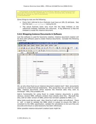FINANCIAL REPORTING USING XBRL – IFRS AND US GAAP EDITION (2006-03-01)


   <link:footnote xlink:type="resource" xlink:role="http://www.xbrl.org/2003/role/footnote"
xlink:label="Footnote-01" xml:lang="en">This is a footnote discussing Land, Buildings, and
Furniture and fixtures for 2003.</link:footnote>
</link:footnoteLink>


Some things to note are the following:
    •   Every item referred to by a footnote must have an XML ID attribute. See
        the first item ci:Land id="Item-01" noting the ID.
    •   The actual footnote looks very much like the label linkbase or the
        references linkbase, footnotes are resources. A big difference is that the
        linkbase is inside the instance document.

5.4.6. Wrapping Instance Documents in Software
Just like software is used for taxonomy creation, instance document creation will
be done with software used to create instance documents. Consider the following
screen shot:




OK, so why show Excel as an instance document creation tool? Well, accountants
use Excel to create financial statements. Why would they not use them to create
XBRL instance documents which express the financial data they wish to
exchange? Well, they probably will.
Add-in functionality for using Excel to create instance documents is pretty
obvious; several XBRL software vendors have already done this. Microsoft has
also, with an older version of XBRL (which has not been updated to XBRL 2.1).
Other tools could also be used. Also, Excel by it self is really not sufficient. There
is still a need to validate the XBRL which is output to ensure the XBRL is
compliant to the XBRL specification, validate the calculations to be sure they are
accurate and ensure a valid taxonomy has been referenced.
Other possible instance document creation tools might be:




© 2006 UBmatrix, Inc                             83
 