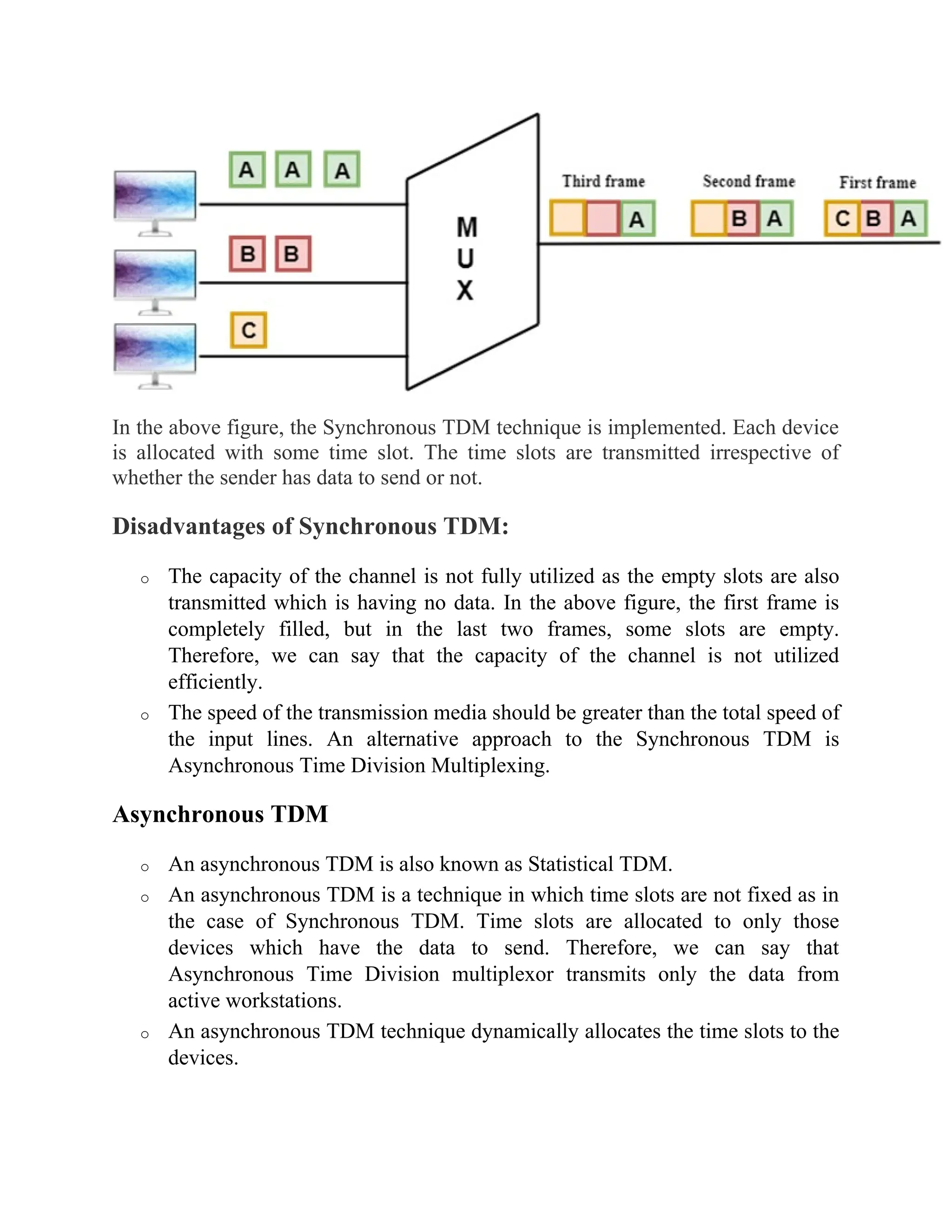 In the above figure, the Synchronous TDM technique is implemented. Each device
is allocated with some time slot. The time slots are transmitted irrespective of
whether the sender has data to send or not.
Disadvantages of Synchronous TDM:
o The capacity of the channel is not fully utilized as the empty slots are also
transmitted which is having no data. In the above figure, the first frame is
completely filled, but in the last two frames, some slots are empty.
Therefore, we can say that the capacity of the channel is not utilized
efficiently.
o The speed of the transmission media should be greater than the total speed of
the input lines. An alternative approach to the Synchronous TDM is
Asynchronous Time Division Multiplexing.
Asynchronous TDM
o An asynchronous TDM is also known as Statistical TDM.
o An asynchronous TDM is a technique in which time slots are not fixed as in
the case of Synchronous TDM. Time slots are allocated to only those
devices which have the data to send. Therefore, we can say that
Asynchronous Time Division multiplexor transmits only the data from
active workstations.
o An asynchronous TDM technique dynamically allocates the time slots to the
devices.
 