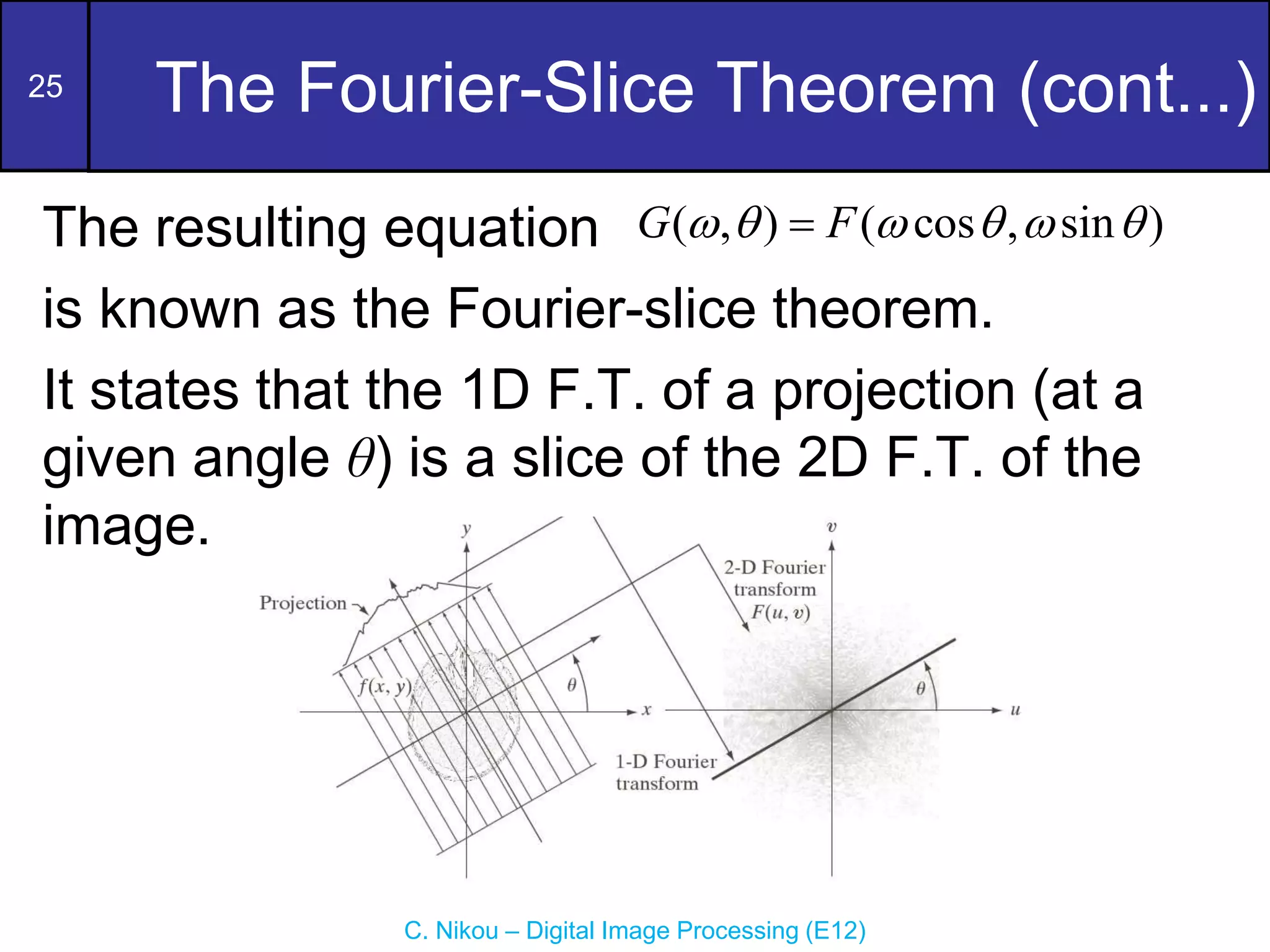 25
C. Nikou – Digital Image Processing (E12)
The Fourier-Slice Theorem (cont...)
The resulting equation
is known as the Fourier-slice theorem.
It states that the 1D F.T. of a projection (at a
given angle θ) is a slice of the 2D F.T. of the
image.
( , ) ( cos , sin )
G F
     

 