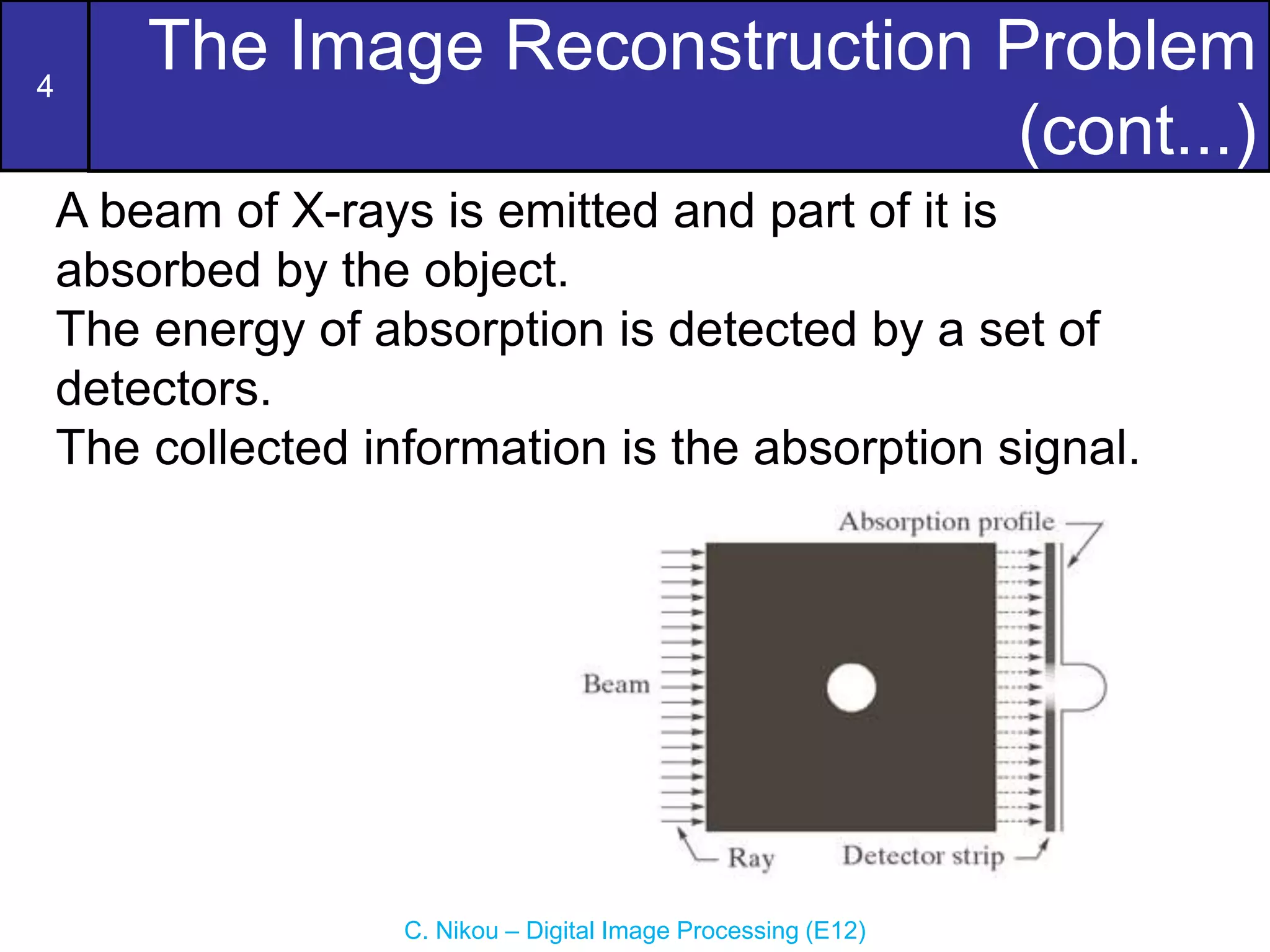4
C. Nikou – Digital Image Processing (E12)
The Image Reconstruction Problem
(cont...)
A beam of X-rays is emitted and part of it is
absorbed by the object.
The energy of absorption is detected by a set of
detectors.
The collected information is the absorption signal.
 