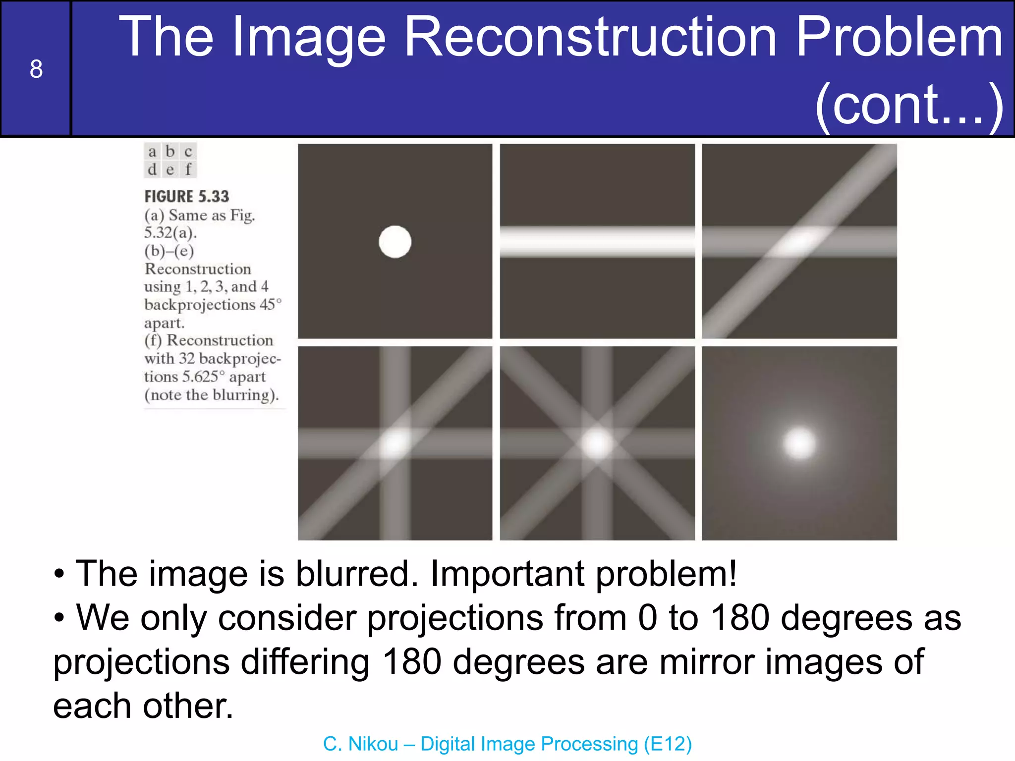 8
C. Nikou – Digital Image Processing (E12)
The Image Reconstruction Problem
(cont...)
• The image is blurred. Important problem!
• We only consider projections from 0 to 180 degrees as
projections differing 180 degrees are mirror images of
each other.
 