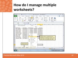 How do I manage multiple worksheets?42Practical Microsoft Office 2010