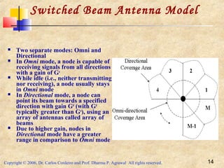 Copyright © 2006, Dr. Carlos Cordeiro and Prof. Dharma P. Agrawal All rights reserved. 14
Switched Beam Antenna Model
 Two separate modes: Omni and
Directional
 In Omni mode, a node is capable of
receiving signals from all directions
with a gain of Go
 While idle (i.e., neither transmitting
nor receiving), a node usually stays
in Omni mode
 In Directional mode, a node can
point its beam towards a specified
direction with gain Gd
(with Gd
typically greater than Go
), using an
array of antennas called array of
beams
 Due to higher gain, nodes in
Directional mode have a greater
range in comparison to Omni mode
 