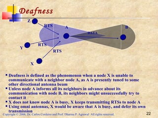 Copyright © 2006, Dr. Carlos Cordeiro and Prof. Dharma P. Agrawal All rights reserved. 22
Deafness
 Deafness is defined as the phenomenon when a node X is unable to
communicate with a neighbor node A, as A is presently tuned to some
other directional antenna beam
 Unless node A informs all its neighbors in advance about its
communication with node B, its neighbors might unsuccessfully try to
contact it
 X does not know node A is busy, X keeps transmitting RTSs to node A
 Using omni antennas, X would be aware that A is busy, and defer its own
transmission
A B
X
RTS
RTS
RTS
Z
Y
DATA
 