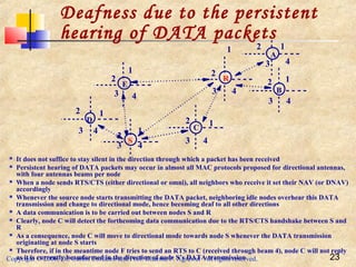 Copyright © 2006, Dr. Carlos Cordeiro and Prof. Dharma P. Agrawal All rights reserved. 23
Deafness due to the persistent
hearing of DATA packets
 It does not suffice to stay silent in the direction through which a packet has been received
 Persistent hearing of DATA packets may occur in almost all MAC protocols proposed for directional antennas,
with four antennas beams per node
 When a node sends RTS/CTS (either directional or omni), all neighbors who receive it set their NAV (or DNAV)
accordingly
 Whenever the source node starts transmitting the DATA packet, neighboring idle nodes overhear this DATA
transmission and change to directional mode, hence becoming deaf to all other directions
 A data communication is to be carried out between nodes S and R
 Clearly, node C will detect the forthcoming data communication due to the RTS/CTS handshake between S and
R
 As a consequence, node C will move to directional mode towards node S whenever the DATA transmission
originating at node S starts
 Therefore, if in the meantime node F tries to send an RTS to C (received through beam 4), node C will not reply
as it is currently beamformed in the direction of node S’s DATA transmission
3 4
2
2
2
2
2
2
2
1
11
1
1
1
1
3
3
3
3
3
3
4
4
4
4
4
4
D
B
A
C
R
S
E
 