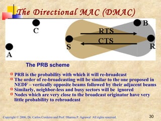 Copyright © 2006, Dr. Carlos Cordeiro and Prof. Dharma P. Agrawal All rights reserved. 30
The Directional MAC (DMAC)
Protocol
The PRB scheme
 PRB is the probability with which it will re-broadcast
 The order of re-broadcasting will be similar to the one proposed in
NEDF – vertically opposite beams followed by their adjacent beams
 Similarly, neighbor-less and busy sectors will be ignored
 Nodes which are very close to the broadcast originator have very
little probability to rebroadcast
 