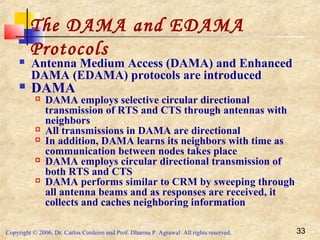 Copyright © 2006, Dr. Carlos Cordeiro and Prof. Dharma P. Agrawal All rights reserved. 33
The DAMA and EDAMA
Protocols
 Antenna Medium Access (DAMA) and Enhanced
DAMA (EDAMA) protocols are introduced
 DAMA
 DAMA employs selective circular directional
transmission of RTS and CTS through antennas with
neighbors
 All transmissions in DAMA are directional
 In addition, DAMA learns its neighbors with time as
communication between nodes takes place
 DAMA employs circular directional transmission of
both RTS and CTS
 DAMA performs similar to CRM by sweeping through
all antenna beams and as responses are received, it
collects and caches neighboring information
 