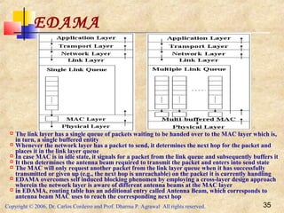Copyright © 2006, Dr. Carlos Cordeiro and Prof. Dharma P. Agrawal All rights reserved. 35
EDAMA
 The link layer has a single queue of packets waiting to be handed over to the MAC layer which is,
in turn, a single buffered entity
 Whenever the network layer has a packet to send, it determines the next hop for the packet and
places it in the link layer queue
 In case MAC is in idle state, it signals for a packet from the link queue and subsequently buffers it
 It then determines the antenna beam required to transmit the packet and enters into send state
 The MAC will only request another packet from the link layer queue when it has successfully
transmitted or given up (e.g., the next hop is unreachable) on the packet it is currently handling
 EDAMA overcomes self induced blocking phenomen by employing a cross-layer design approach
wherein the network layer is aware of different antenna beams at the MAC layer
 in EDAMA, routing table has an additional entry called Antenna Beam, which corresponds to
antenna beam MAC uses to reach the corresponding next hop
 