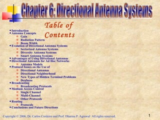 Copyright © 2006, Dr. Carlos Cordeiro and Prof. Dharma P. Agrawal All rights reserved. 1
 Introduction
 Antenna Concepts
 Gain
 Radiation Pattern
 Beam Width
 Evolution of Directional Antenna Systems
 Sectorized Antenna Systems
 Diversity Antenna Systems
 Smart Antenna Systems
 Advantages of Using Directional Antennas
 Directional Antennas for Ad Hoc Networks
 Antenna Models
 Protocol Issues on the Use of
 Directional Antennas
 Directional Neighborhood
 New Types of Hidden Terminal Problems
 Deafness
 Broadcasting
 Broadcasting Protocols
 Medium Access Control
 Single Channel
 Multi-Channel
 Other Protocols
 Routing
 Protocols
 Conclusions and Future Directions
Table of
Contents
 