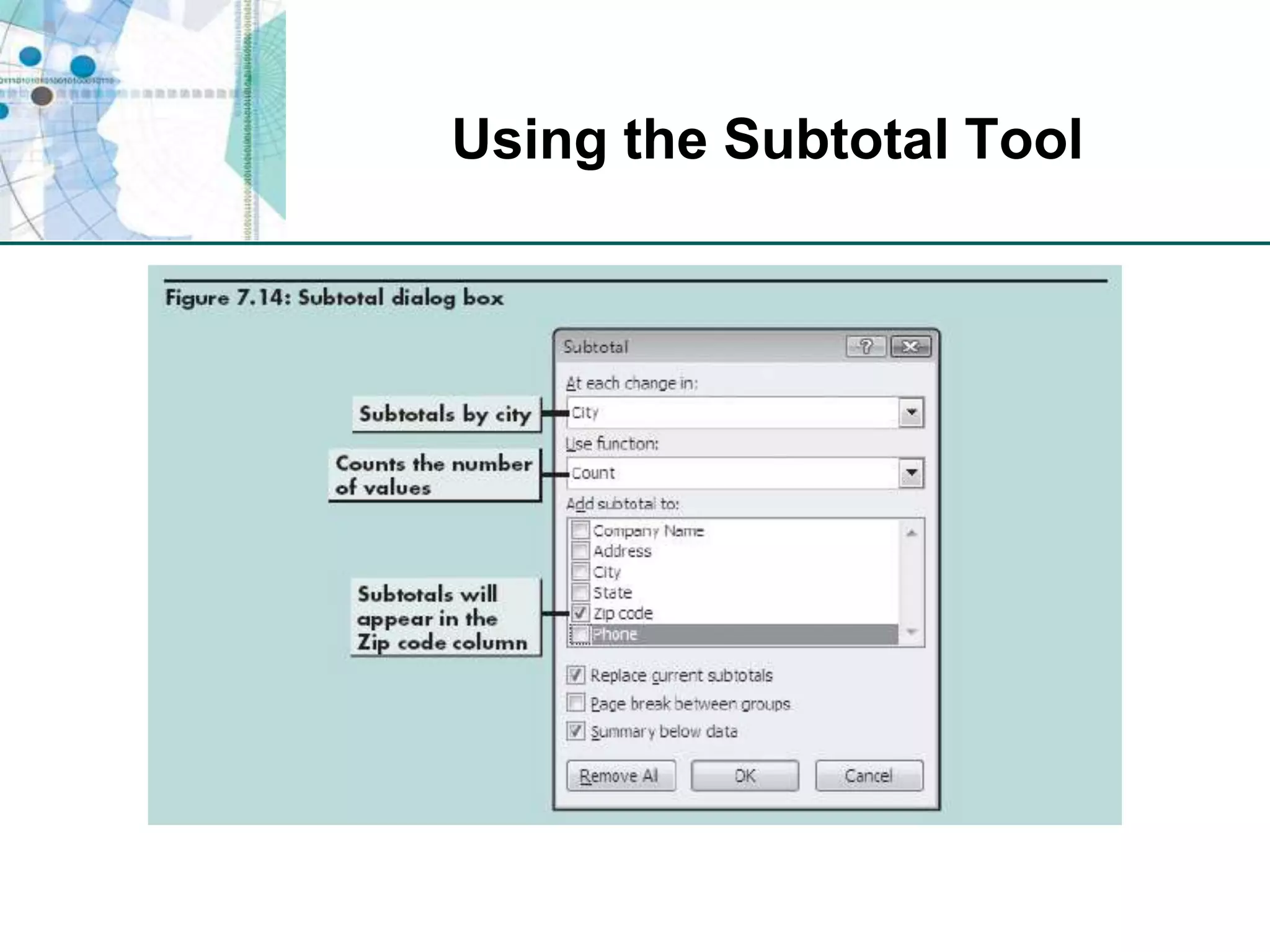 Using the Subtotal Tool