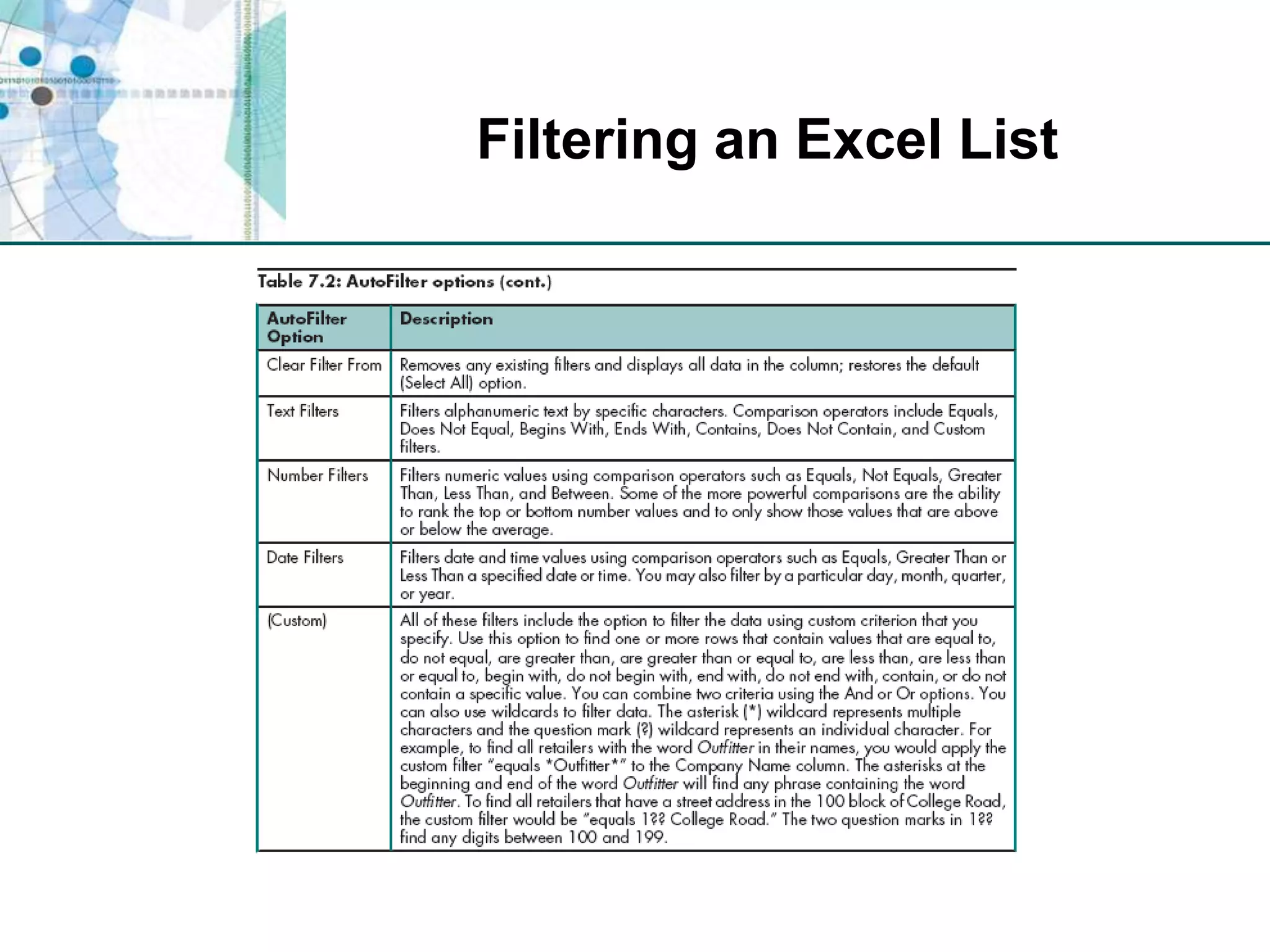 Filtering an Excel List
